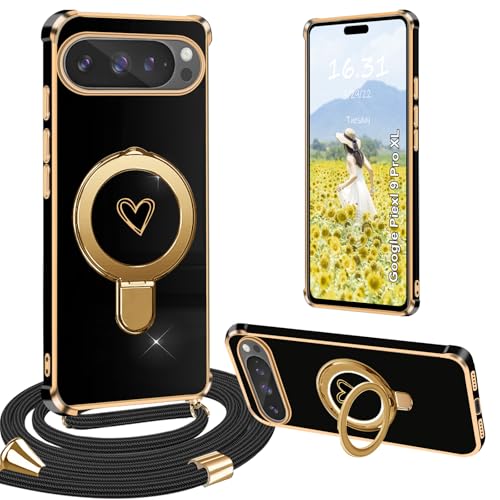 Yutwo Handykette Google Pixel 9 Pro XL Hülle mit Band, Handyhülle für Google Pixel 9 Pro XL mit Band Hülle Ständer mit Love Herz Schutzhülle, Schwarz von Yutwo