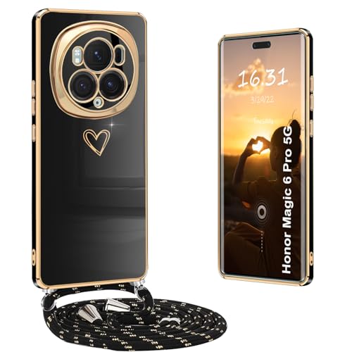 Yutwo Handykette Honor Magic 6 Pro Hülle mit Band, Handyhülle Honor Magic 6 Pro mit Band Stoßfeste mit Herz Love Design Schutzhülle für Honor Magic 6 Pro mit Band, Schwarz von Yutwo