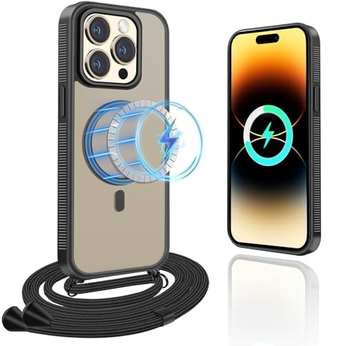 Yutwo iPhone 14 Pro Hülle mit Band, Silikon Matt Transluzente Magnetische Absaugung Schutzhülle, Schwarz von Yutwo