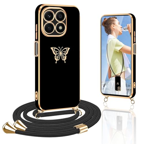 Yutwo Handykette Kompatibel mit Honor X8a Hülle mit Band, Schmetterling Handyhülle für Honor X8a 4G mit Band Silikon TPU Stoßfeste Schmetterling Schutzhülle Handykette für Honor X8a 4G, Schwarz von Yutwo