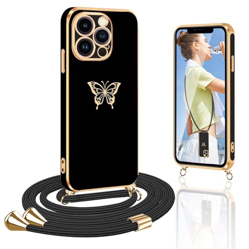 Yutwo Handykette Kompatibel mit iPhone 15 Pro, Schmetterling Handyhülle mit Band, Silikon TPU Stoßfeste Schutzhülle, Schwarz Yutwo Handykette Kompatibel mit iPhone 15 Pro, Schmetterling Handyhülle mit Band, Silikon TPU Stoßfeste Schutzhülle, Schwarz von Yutwo