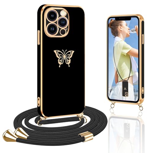 Yutwo Handykette Kompatibel mit iPhone 15 Pro Hülle mit Band, Schmetterling Handyhülle mit Band für iPhone 15 Pro Silikon TPU Stoßfeste Schmetterling Schutzhülle Handykette für iPhone 15 Pro, Schwarz von Yutwo