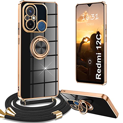 Yutwo Handykette für Redmi 12C/11A Hülle mit Band, Handyhülle für Redmi 12C/11A mit Band Silikon Handyhülle Kette Ständer Stoßfeste Schutzhülle, Schwarz von Yutwo
