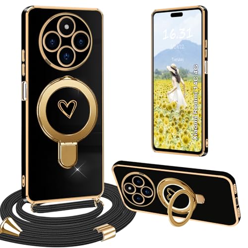 Yutwo Handykette Redmi 14C 4G Hülle mit Band, Handyhülle für Redmi 14C 4G mit Band Hülle Ständer mit Love Herz Schutzhülle, Schwarz von Yutwo