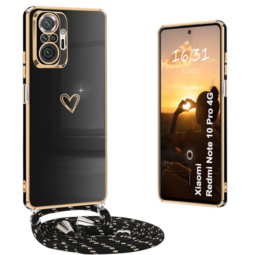 Yutwo Handykette für Redmi Note 10 Pro 4G Hülle mit Band, Handyhülle für Xiaomi Redmi Note 10 Pro 4G mit Band mit Herz Love Muster Galvanik Schutzhülle, Schwarz von Yutwo
