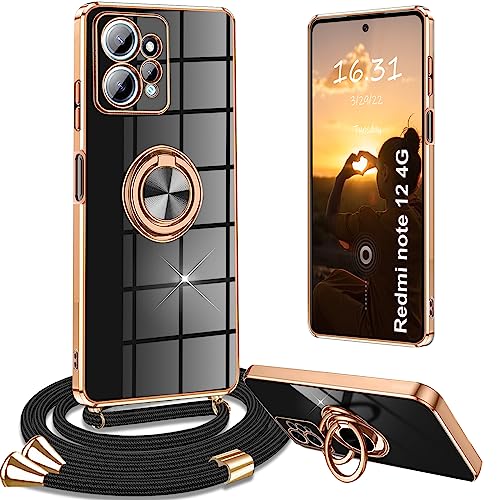Yutwo Handykette für Redmi Note 12 4G Hülle mit Band, Handyhülle für Xiaomi Redmi Note 12 4G mit Band Kette Ständer Stoßfeste Schutzhülle, Schwarz von Yutwo