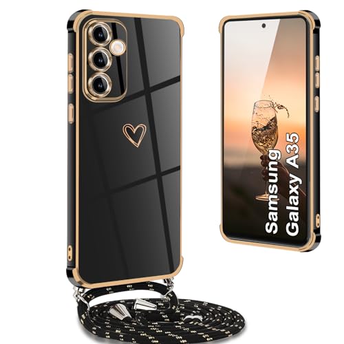 Yutwo Handykette Samsung Galaxy A35 5G Hülle mit Band, Handyhülle Samsung Galaxy A35 5G mit Band Stoßfeste mit Herz Love Design Schutzhülle für Samsung Galaxy A35 5G mit Band, Schwarz von Yutwo