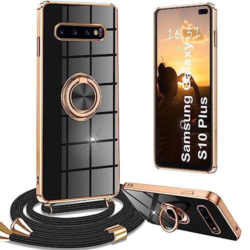 Yutwo Handykette Samsung Galaxy S10 Plus Hülle mit Band, Handyhülle Samsung Galaxy S10 Plus mit Band Kette Ständer Stoßfeste Schutzhülle Samsung Galaxy S10 Plus mit Band, Schwarz von Yutwo