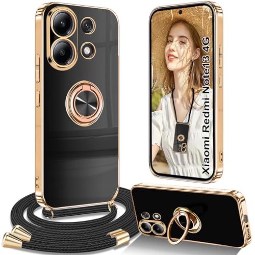 Yutwo Handykette Xiaomi Redmi Note 13 4G Hülle mit Band, Handyhülle Xiaomi Redmi Note 13 4G mit Band Kette Ständer Stoßfeste Schutzhülle, Schwarz von Yutwo