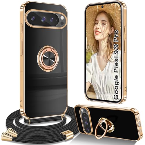 Yutwo Handykette für Google Pixel 9/9 Pro, Schutzhülle mit Band, Kette, Ständer, Stoßfest, Schwarz, Gold Rahmenkanten von Yutwo