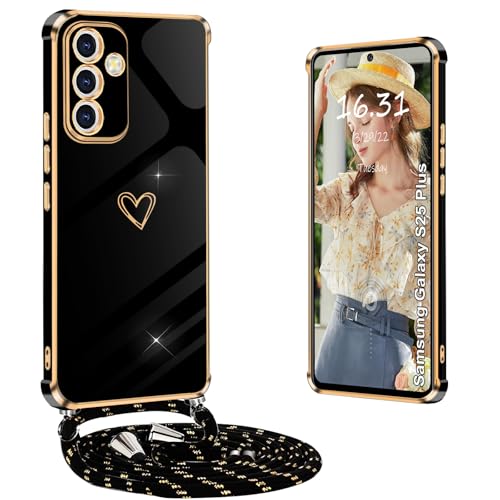 Yutwo Handykette für Samsung S25 Plus Hülle mit Band, Handyhülle für Samsung Galaxy S25 Plus mit Band Stoßfeste Hülle mit Love Herz Galvanik Kordel Schutzhülle, Schwarz Yutwo Handykette für Samsung S25 Plus Hülle mit Band, Handyhülle für Samsung Galaxy S25 Plus mit Band Stoßfeste Hülle mit Love Herz Galvanik Kordel Schutzhülle, Schwarz von Yutwo