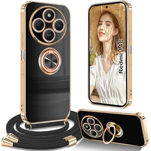 Yutwo Handykette für Xiaomi Redmi 14C 4G Hülle mit Band, Handyhülle für Xiaomi Redmi 14C 4G mit Band Kette Ständer Stoßfeste Schutzhülle, Schwarz von Yutwo