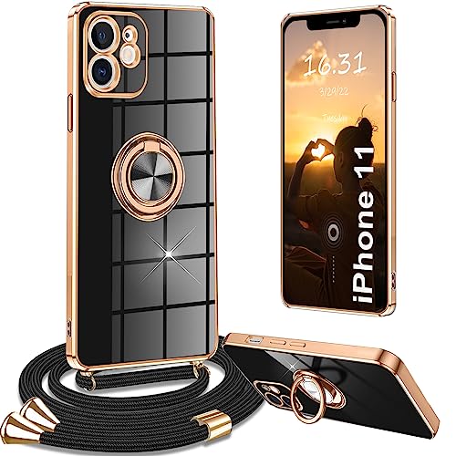 Yutwo Handykette iPhone 11 Hülle mit Band, Handyhülle iPhone 11 mit Band Kette Ständer Stoßfeste Schutzhülle iPhone 11 mit Band, Schwarz von Yutwo