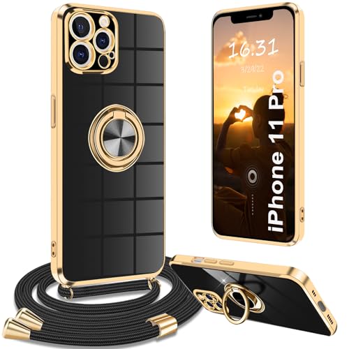 Yutwo Handykette iPhone 11 Pro Hülle mit Band, Handyhülle iPhone 11 Pro mit Band Kette Ständer Stoßfeste Schutzhülle iPhone 11 Pro mit Band, Schwarz von Yutwo