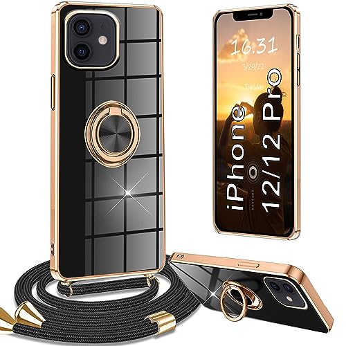 Yutwo Handykette iPhone 12 Pro/iPhone 12 Hülle mit Band, Handyhülle iPhone 12 Pro/iPhone 12 mit Band Kette Ständer Stoßfeste Schutzhülle iPhone 12 Pro/iPhone 12 mit Band, Schwarz von Yutwo