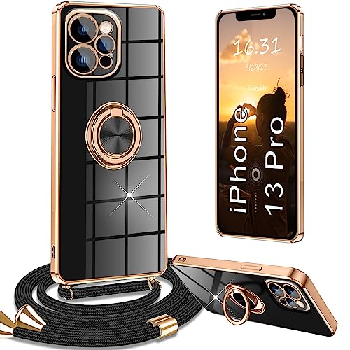 Yutwo Handykette iPhone 13 Pro Hülle mit Band, Handyhülle iPhone 13 Pro mit Band Kette Ständer Stoßfeste Schutzhülle iPhone 13 Pro mit Band, Schwarz von Yutwo