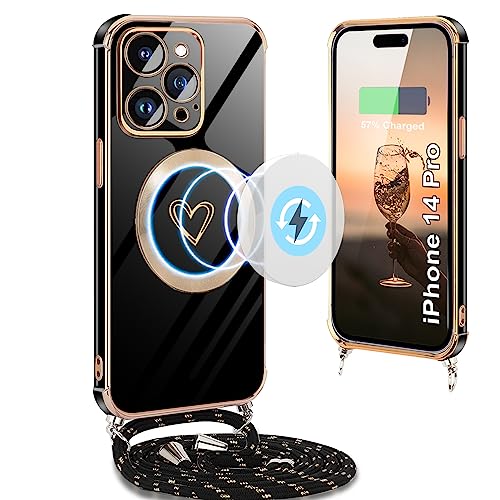 Yutwo Handykette iPhone 14 Pro Hülle mit Band, Handyhülle iPhone 14 Pro mit Band Silikon Stoßfeste Herz Love Magnetische Absaugung Schutzhülle iPhone 14 Pro mit Band, Schwarz von Yutwo