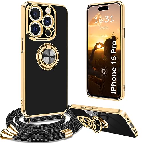 Yutwo Handykette iPhone 15 Pro Hülle Mit Band, Stoßfeste Schutzhülle Mit Kette Ständer, Schwarz von Yutwo