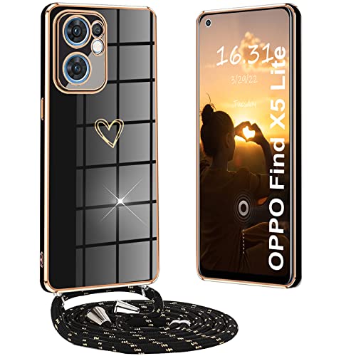 Yutwo Hülle Find X5 Lite mit Band, Handyhülle Find X5 Lite mit Band Silikon Stoßfeste Handykette Oppo Find X5 Lite mit Herz Love Design Schutzhülle für Oppo Find X5 Lite, Schwarz von Yutwo