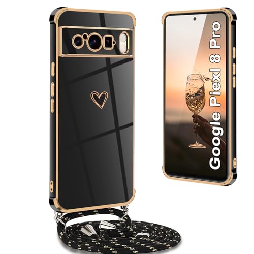 Yutwo Hülle Google Pixel 8 Pro mit Band, Handyhülle Google Pixel 8 Pro mit Band Stoßfeste Handykette Herz Love Design Schutzhülle, Schwarz von Yutwo