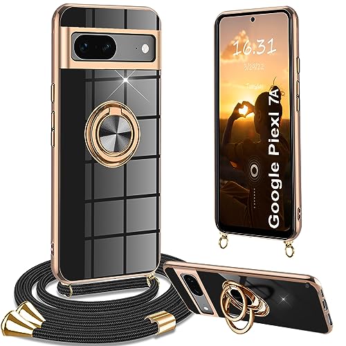 Yutwo Hülle für Google Pixel 7A mit Band, Handyhülle für Google Pixel 7A mit Band 360° Halter Ständer Kratzfest Silikon Handykette Stoßfeste Schutzhülle, Schwarz von Yutwo