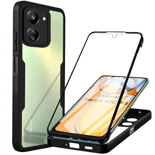 Yutwo Hülle Kompatibel mit Redmi 13C 4G Handyhülle 360 Stoßfest Schutzhülle Rundumschutz Cover Case mit Eingebautem Displayschutz Robust Transparent Handyhülle für Xiaomi Redmi 13C 4G, Schwarz von Yutwo
