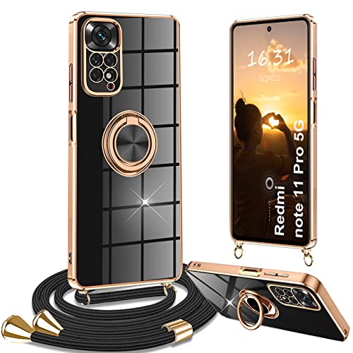 Yutwo Hülle für Redmi Note 11 Pro 5G Band, Handyhülle für Xiaomi Redmi Note 11 Pro mit Band 360° Halter Ständer Kratzfest Silikon Stoßfeste Handykette Schutzhülle, Schwarz von Yutwo