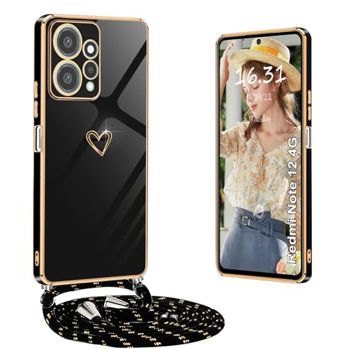 Yutwo Hülle für Redmi Note 12 4G mit Band, Handyhülle für Xiaomi Redmi Note 12 4G mit Band Silikon Stoßfeste Handykette Herz Love Design Schutzhülle, Schwarz von Yutwo