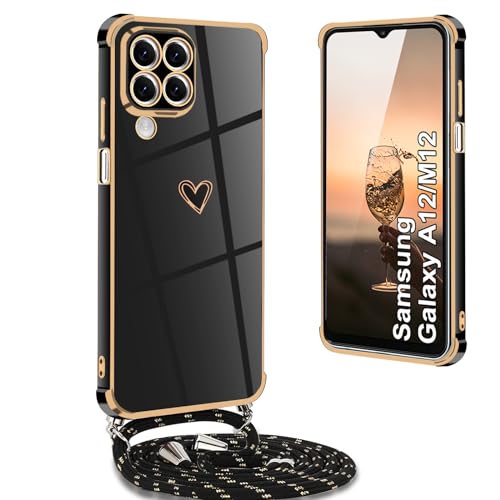 Yutwo Hülle Samsung Galaxy A12 mit Band, Handyhülle Samsung Galaxy A12 mit Band Stoßfeste Handykette Samsung Galaxy A12 mit Herz Love Design Schutzhülle für Samsung Galaxy A12/M12, Schwarz von Yutwo