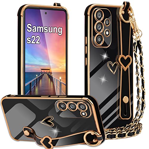 Yutwo Hülle Samsung S22 mit Band Riemen Kickstand, Handyhülle Samsung S22 mit Band Liebe Herz Plating Armband Handykette TPU Kameraschutz Stoßfeste Schutzhülle für Samsung Galaxy S22 (Schwarz) von Yutwo