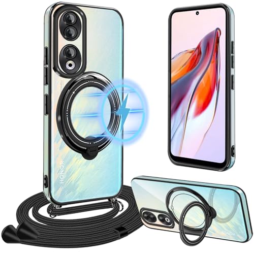 Yutwo Magnetische Handykette Kompatibel mit Honor 90 Hülle mit Band, Handyhülle mit Band für Honor 90 5G mit Ständer Silikon TPU Stoßfeste Schutzhülle für Honor 90 Handykette mit Ring, Schwarz von Yutwo