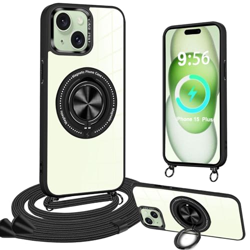 Yutwo Magnetische Handykette Kompatibel mit iPhone 15 Plus Hülle mit Band [Kompatibel mit MagSafe] Handyhülle mit Band Transparent Acryl Schutzhülle mit Ständer für iPhone 15 Plus Handykette mit Ring von Yutwo