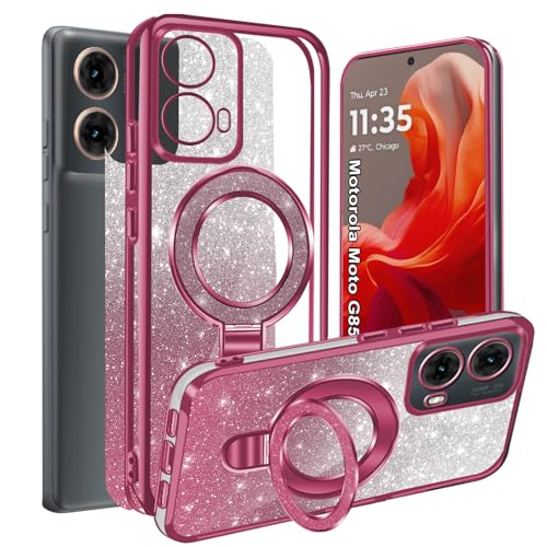 Yutwo Magnetisches Gehäuse für Motorola Moto G85, MagSafe kompatibel, klares stoßfestes Schutzgehäuse mit Ringständer, leichtes galvanisiertes Handygehäuse für Moto G85, Glitzer schwarz von Yutwo