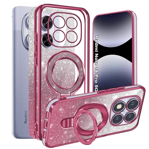 Yutwo Magnetisches Gehäuse für Redmi Note 14 Pro 5G, MagSafe kompatibel, klares stoßfestes Schutzgehäuse mit Ringständer, leichtes galvanisiertes Handygehäuse für Redmi Note 14 Pro, Glitzer Rosa von Yutwo