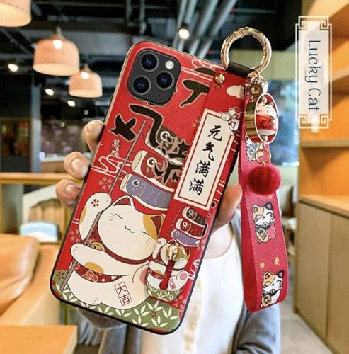Kompatibel mit Samsung Hülle mit Telefonband, Niedliche japanische Glückskatze Design, Glitzer Luxus Weich Silikon 3D Prägung Handyhülle mit Handgelenkschlaufe (Samsung S23, Rot) von Yvonnecy