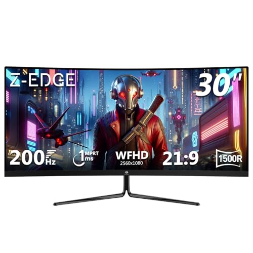 Z-Edge 30 Zoll Ultrawide Curved Gaming Monitor 200Hz(DP) 165Hz(HDMI) 1ms MPRT, 2560x1080 VA Panel, 21:9 R1500 Curved Bildschirm, 300cd/m² Helligkeit, FreeSync, HDMI & DisplayPort, Schwarz von Z Z-Edge