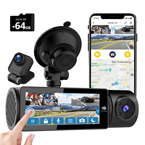 Z-Edge T3P 3 Kanal 4K Dashcam mit WiFi GPS, Vorne Innen Hinten 1600P+1080P+1080P, IPS Touchscreen, IR Nachtsicht, Superkondensator, Unterstützt max. 512GB (64GB Speicherkarte enthalten) von Z Z-Edge