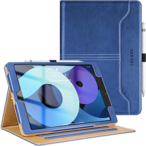 ZAEXAE Hülle für iPad 10,2 Zoll (9. / 8. / 7. Generation - 2021/2020/2019 Modell), Premium Leder Case Cover Geschäftshülle mit Pencil Halter, Ständer, Kartensteckplatz, Auto Schlafen/Wachen, Blau von ZAEXAE