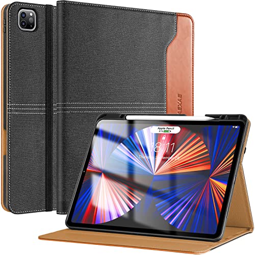 ZAEXAE Hülle für iPad Pro 12.9 Zoll (6./5./4./3. Generation) 2022/2021/2020/2018 mit Stifthalter PU Leder Folio Cover Stoßfest mit Tasche Auto Wake/Sleep Funktion Multi Ständer, Denim Schwarz/Braun von ZAEXAE