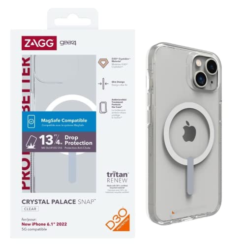 Gear4 ZAGG Crystal Palace Snap Case - Clear iPhone Case, D30 Drop Protection (13ft/4m), Anti-Vergilb-Eigenschaften, Edge-to-Edge Protection, Magsafe Compatible iPhone 14 Case von ZAGG