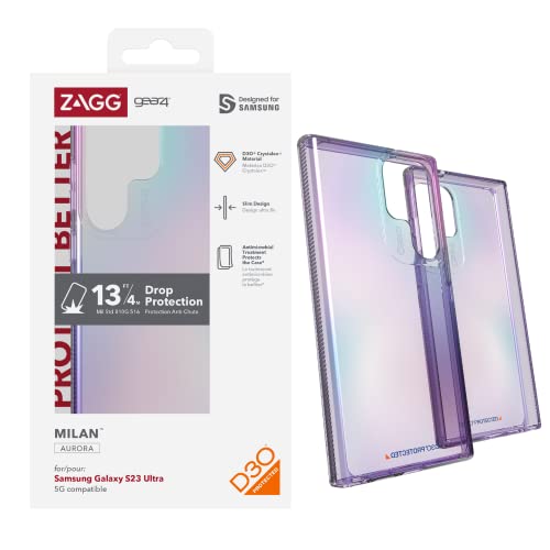 ZAGG Gear4 Milan D30 Protective Case for Samsung Galaxy S23 Ultra, 6.8in, Sleek, Slim, Shockproof, Scratch-Resistant, Solid Grip, Wireless Charging, (Aurora Transparent) von ZAGG