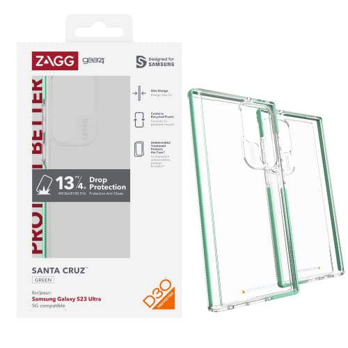 ZAGG Gear4 Santa Cruz Samsung Galaxy S23 Ultra Handyhülle, D30 Fallschutz bis zu 4 m, Kratzfeste, transparente Handyhülle, funktioniert mit kabellosen Ladesystemen, Schutz von Kante zu Kante von ZAGG