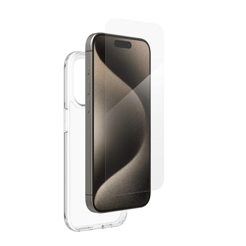 ZAGG InvisibleShield Glass Elite 360, Bundle, Displayschutz aus gehärtetem Glas und Hülle für iPhone 15 Pro [6.1-Inch], schmutzabweisend, kratzfest, einfache Installation (Transparent) von ZAGG