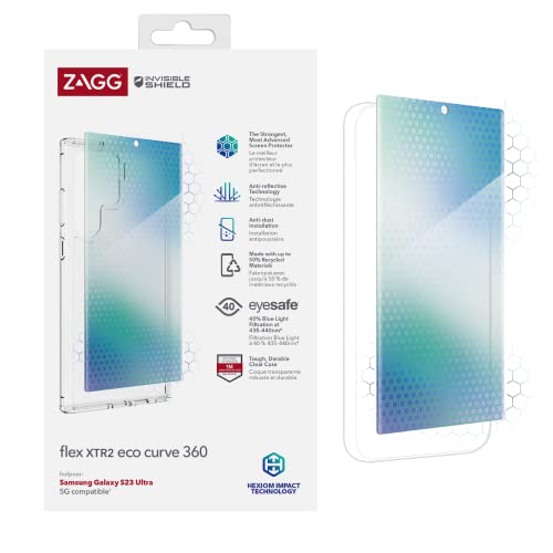 ZAGG InvisibleShield Flex Curve XTR2 ECO 360 Screen Protector Compatible for Samsung Galaxy S23 Ultra Bundle, Shockproof, Strong, Anti-Reflective, Blue Light Eyesafe, 5G, Clear von ZAGG