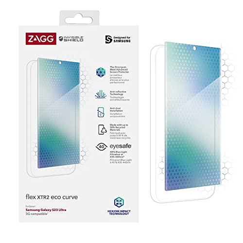 ZAGG InvisibleShield Flex Curve XTR2 ECO Screen Protector Compatible for Samsung Galaxy S23 Ultra, Shockproof, Strong, Anti-Dust Install, Anti-Reflective, Blue Light Eyesafe, 5G, Eco-Friendly, Clear von ZAGG