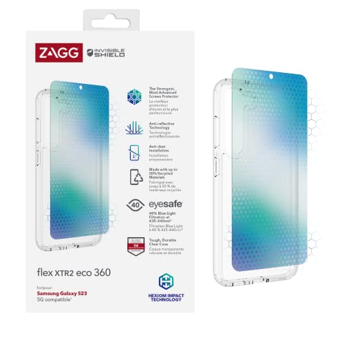 ZAGG InvisibleShield Flex XTR2 ECO 360 Screen Protector Compatible for Samsung Galaxy S23, Shockproof, Strong, Anti-Dust Install, Anti-Reflective, Blue Light Eyesafe, 5G, Eco-Friendly, Clear von ZAGG