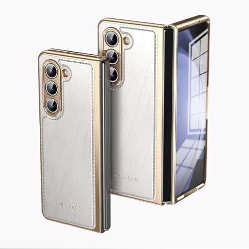 Klappbare Schutzhülle kompatibel mit Galaxy Z Fold 5 mit Displayschutzfolie, Luxus PU Leder Slim Fit Handyhülle - Plating Gold Edge Drop Scratch & Shock Protection Case (Weiß) von ZAGLDD