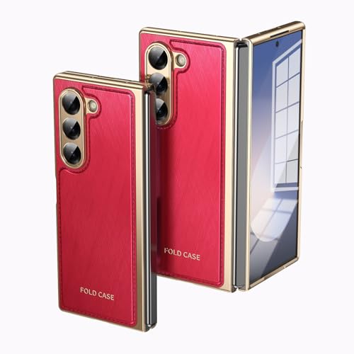 Klappbare Schutzhülle kompatibel mit Galaxy Z Fold 6, mit Displayschutzfolie, Luxus PU-Leder Slim Fit Handyhülle – Plating Gold Edge, Drop, Scratch & Shock Protection Case (Rot) von ZAGLDD