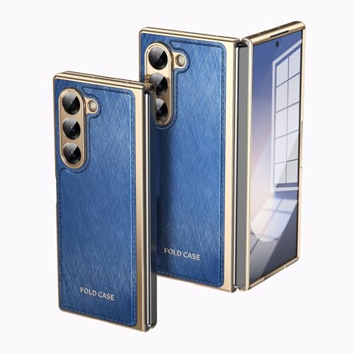 Klapphülle kompatibel mit Galaxy Z Fold 6 mit Displayschutzfolie, Luxus PU Leder Slim Fit Handyhülle - Plating Gold Edge Drop Scratch & Shock Protection Case (Blau) von ZAGLDD