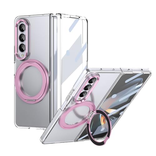 Kompatibel mit Galaxy Z Fold 3 Hülle mit Displayschutzfolie, 360° drehbarer Ringständer, Militärqualität, stoßfest, durchscheinend, kristallklar (Rosa) von ZAGLDD